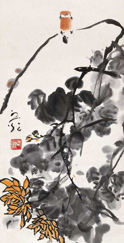 谢之光 菊花小鸟 立轴
